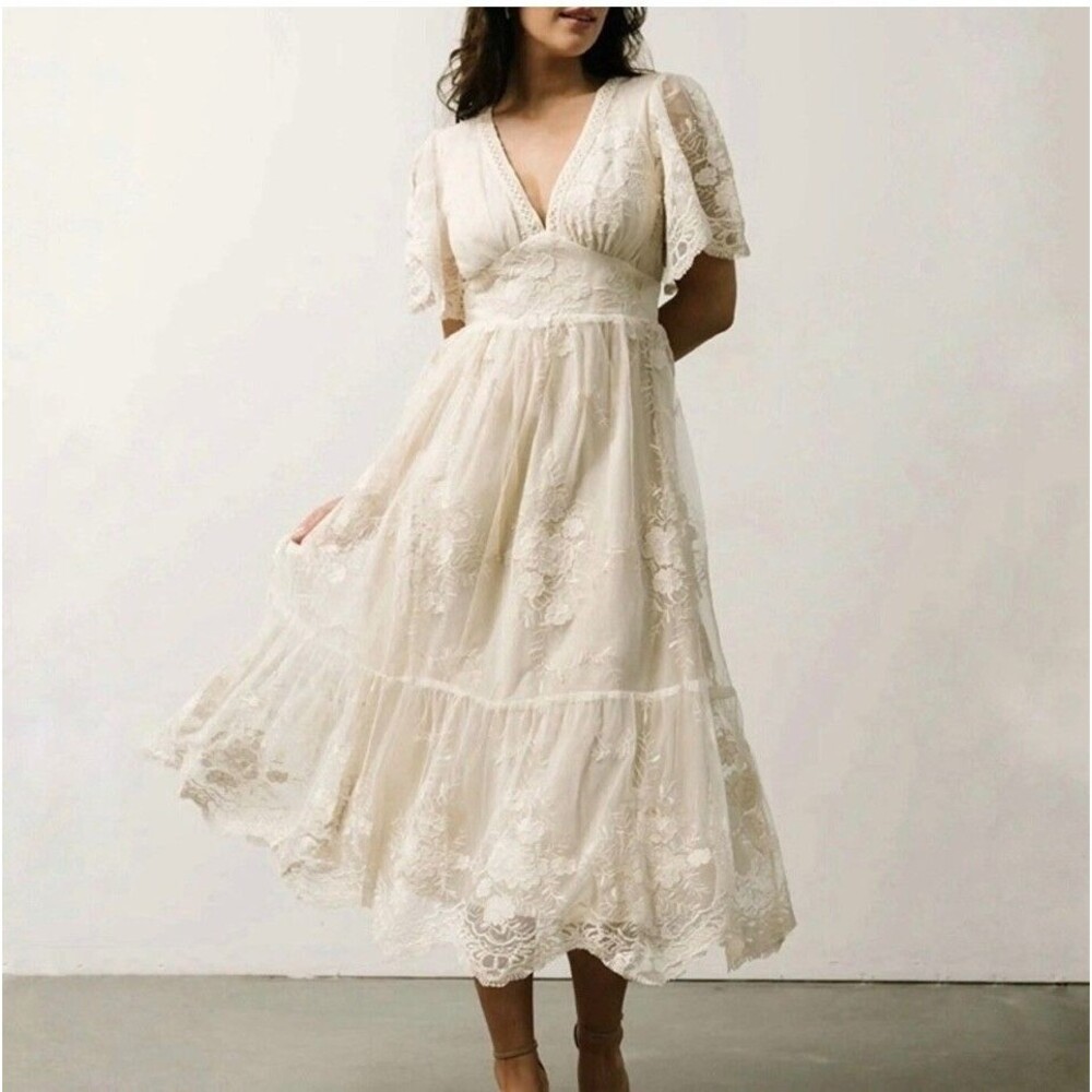 Baltic Born Cream Floral Mesh Lace Midi Maxi  Dress V-Neck Boho Wedding Guest XL